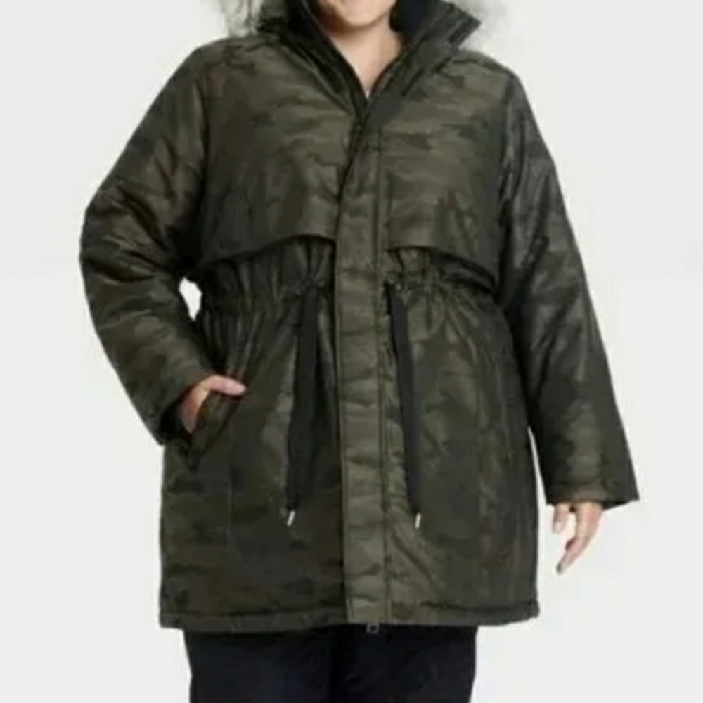 All in motion... Olive Green Parka Coat with Faux Fur Hood...size:M